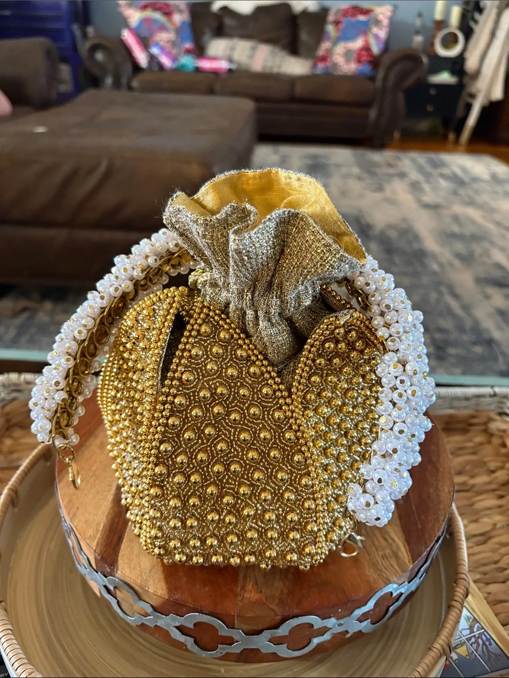 Gold Pearl-Trimmed ramla Clutch
